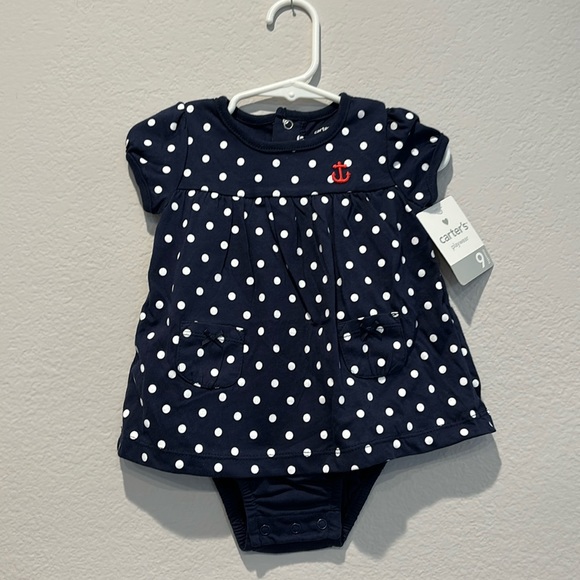 Carter's Infant Girl Size 9 Months Blue & White Polka Dot Anchor Dress NEW - Picture 1 of 10